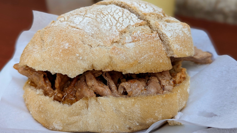 closeup of bifana sandwich