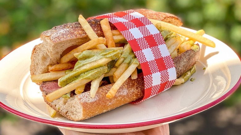 mitrailette sandwich on plate with red wrap