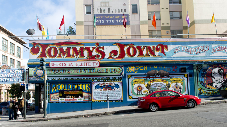 Tommy's Joynt restaurant with carnival lettering and flags