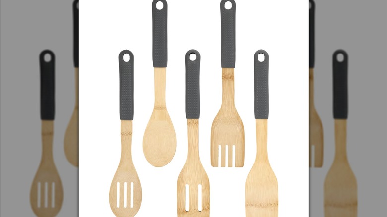 A set of Dollar Tree Cooking Concepts bamboo spatulas and spoons with silicone handle covers