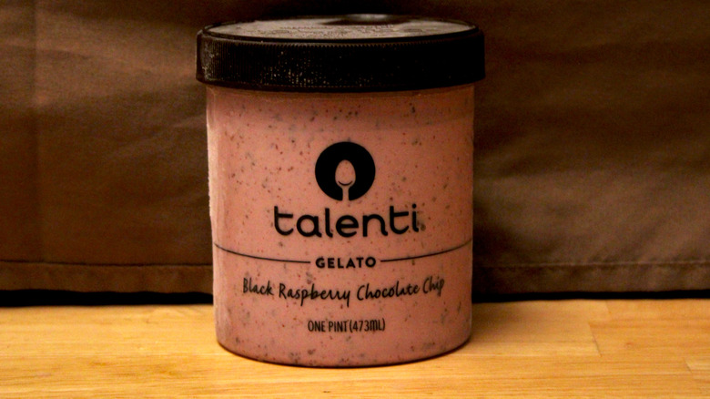 A pint of Talenti Black Raspberry Chocolate Chip Gelato