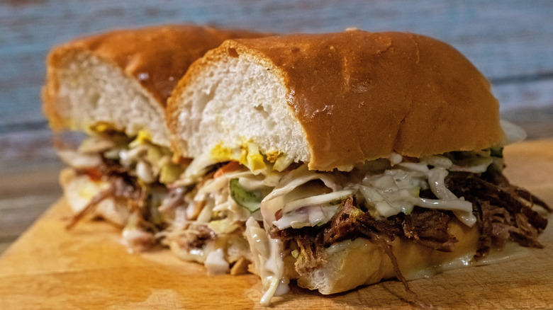 Coleslaw on a beef sandwich