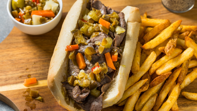 Giardiniera on Italian beef sandwich with fries