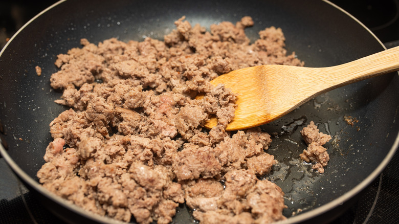 Cooked ground turkey in pan