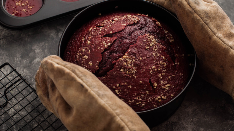Cooked red velvet cake in pan