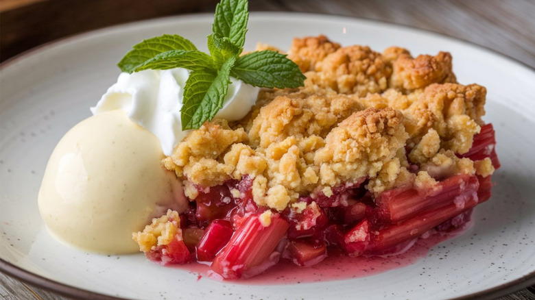 Rhubarb crumble with ice cream, mint and whipped cream