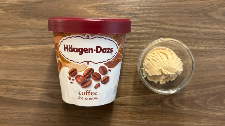 Häagen-Dazs Coffee Ice Cream carton next to ice cream in glass ramekin