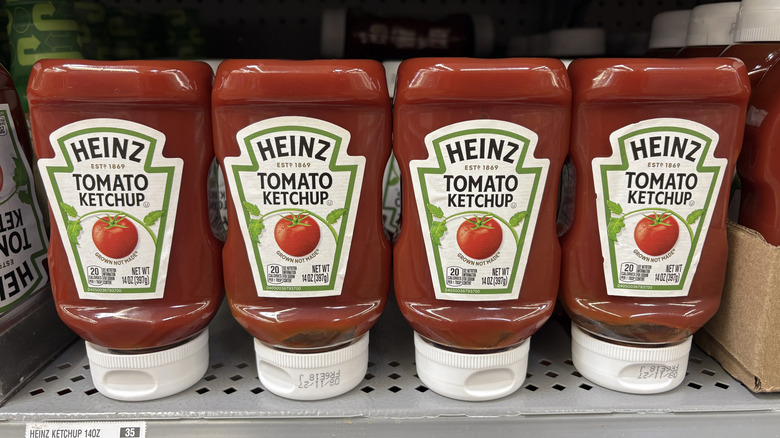Ketchup bottles on a shelf
