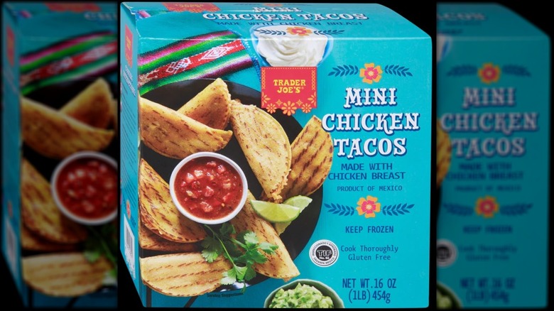 Blue box of Trader Joe's mini chicken tacos