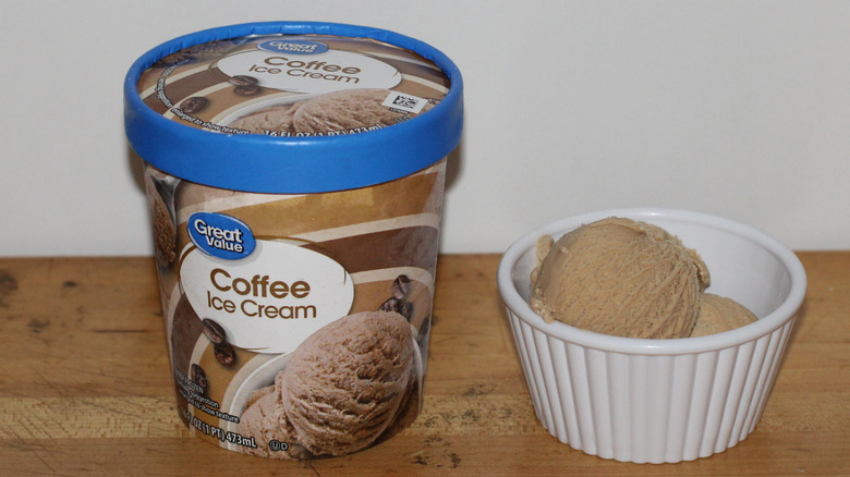 Great Value coffee ice cream container with a bowl of scooped ice cream beside it