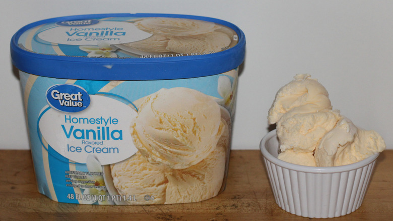 Great Value homestyle vanilla ice cream container with a bowl of scooped ice cream beside it