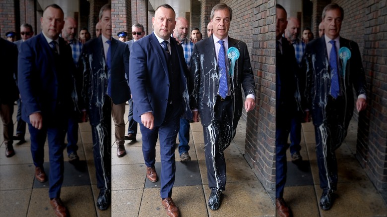 Politician Nigel Farage covered in a milkshake from a milkshaking incident
