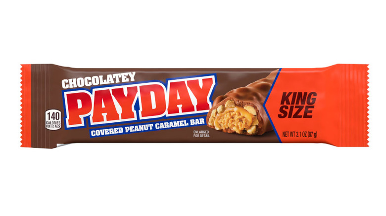 King size Chocolatey Payday candy bar on white background