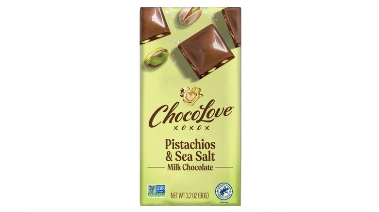 A Chocolove Pistachios and Sea Salt chocolate bar on a white background