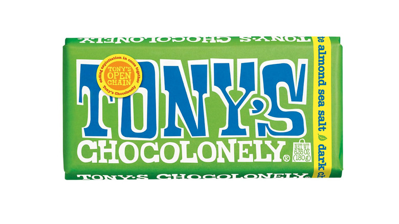 Tony's Chocolonely Dark Chocolate Almond Sea Salt bar on white background