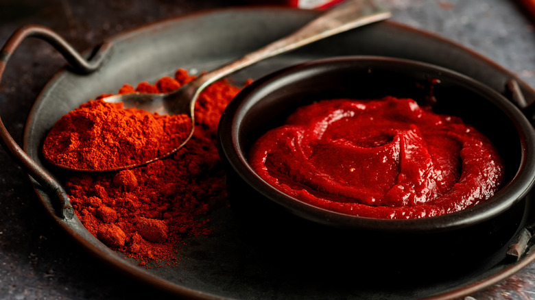 Gochujang sauce and red powder on dark tray