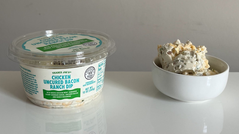 A tub of Trader Joe's Chicken Uncured Bacon Ranch Dip