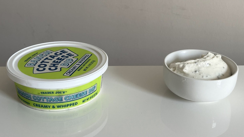 A small container of Trader Joe's Ranch Cottage Cheese Dip