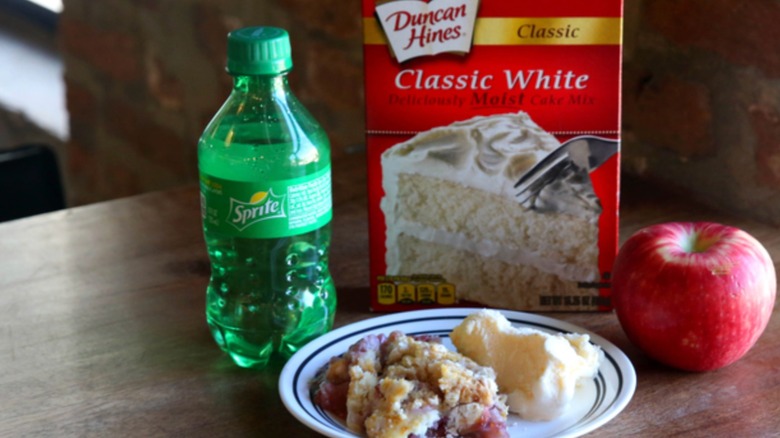 Plate of dump cake with ingredients