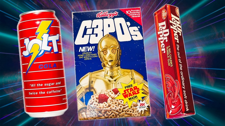 Photo illustration of Jolt Cola, C-3POs cereal, Dr Pepper gum