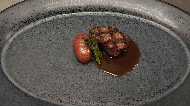 Tiny steak and potato on big plate like nouvelle cuisine