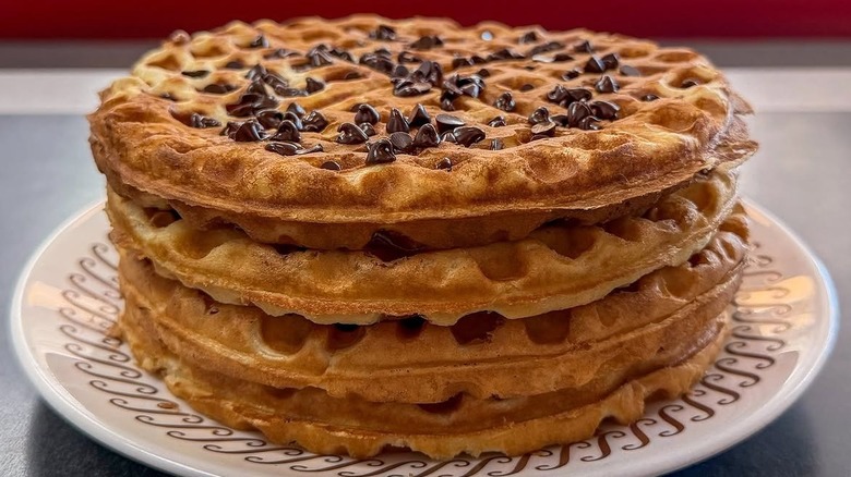 Stack of chocolate chip waffles from Waffle House