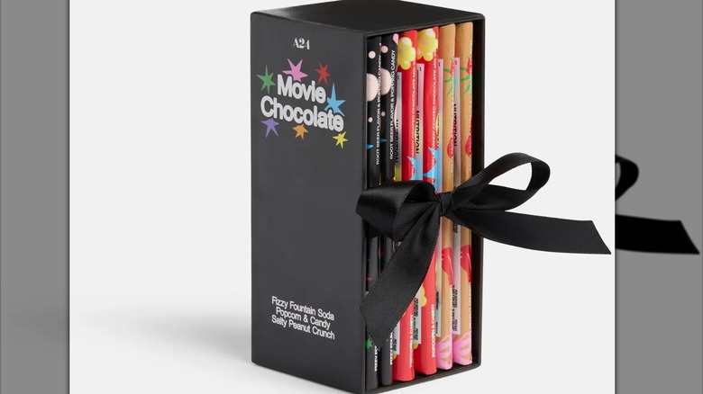 Movie Chocolate Gift Set containing six chocolate flavors on white background