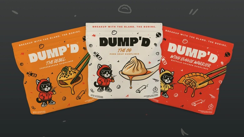Three bags of assorted dumplings from the Dump'd Dumplings Trio Starter Bundle on graphic backgorund