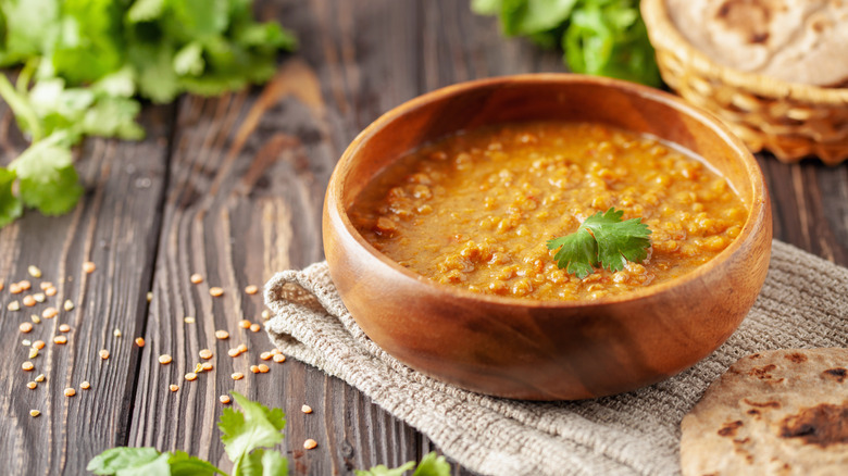 Dal with naan and cilantro