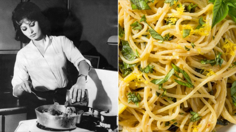 Sophia Loren cooking alongside a photo of lemon spaghetti