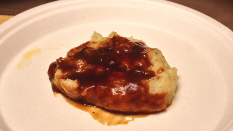 A side of Cracker Barrel's mashed potatoes with brown gravy