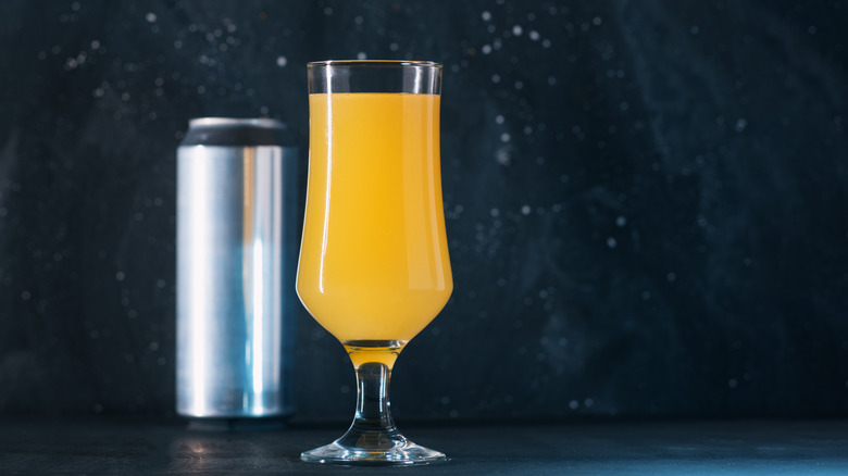 A glass of gose with a beer can in the background