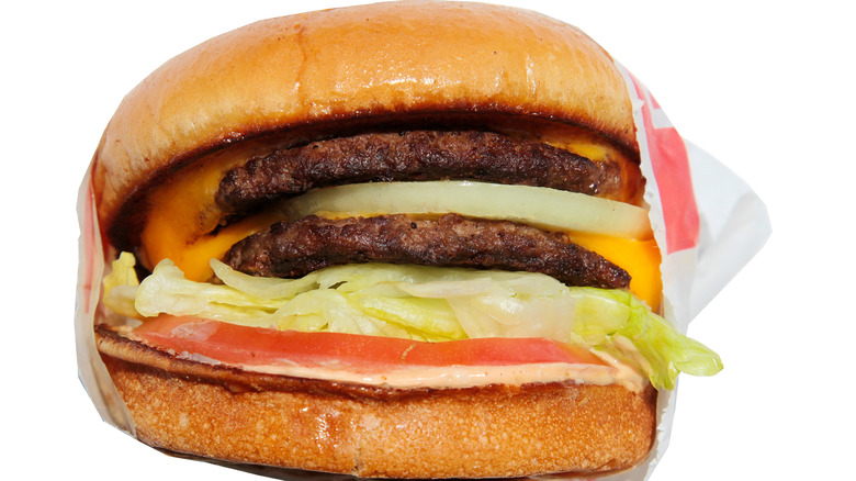 In-N-Out burger Double Double closeup. on a white background.