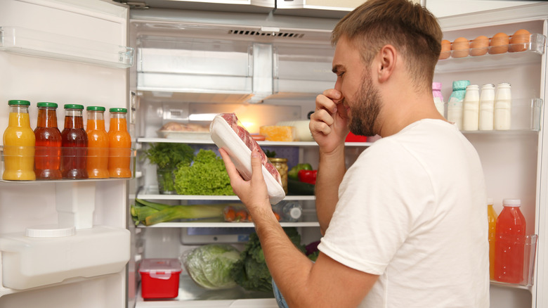Person smelling rotting meat in fridge