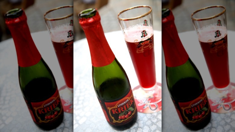 A bottle and glass of Lindemans cherry lambic beer