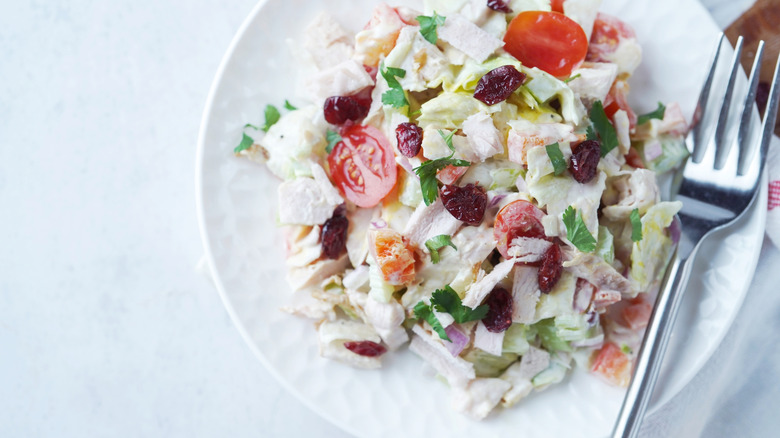 chicken salad made with dried cranberries on a white plate