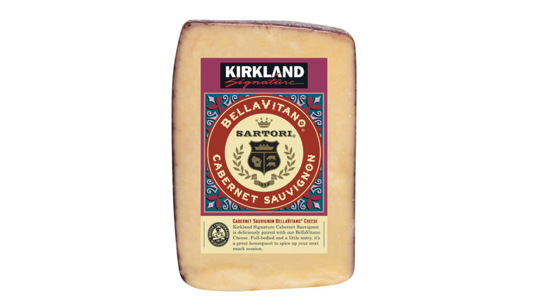 A product image for Kirkland Signature Sartori Bellavitano Cabernet Sauvignon Cheese on a white background.