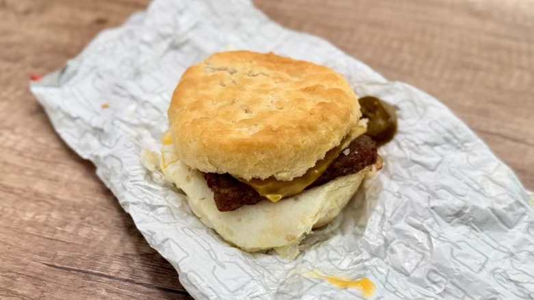 The Jalapeño Sausage Biscuit sandwich from Wendy's on its wrapper