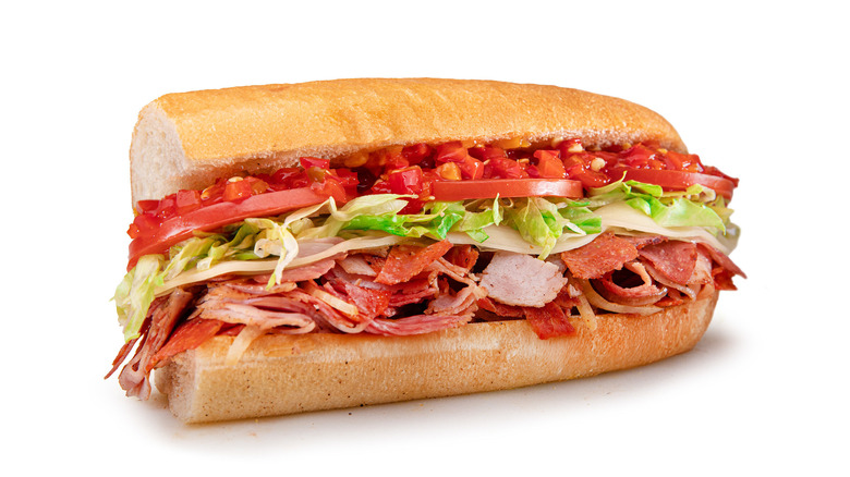 Mike's Hot Italian sub sandwich from Jersey Mike's on a white background.