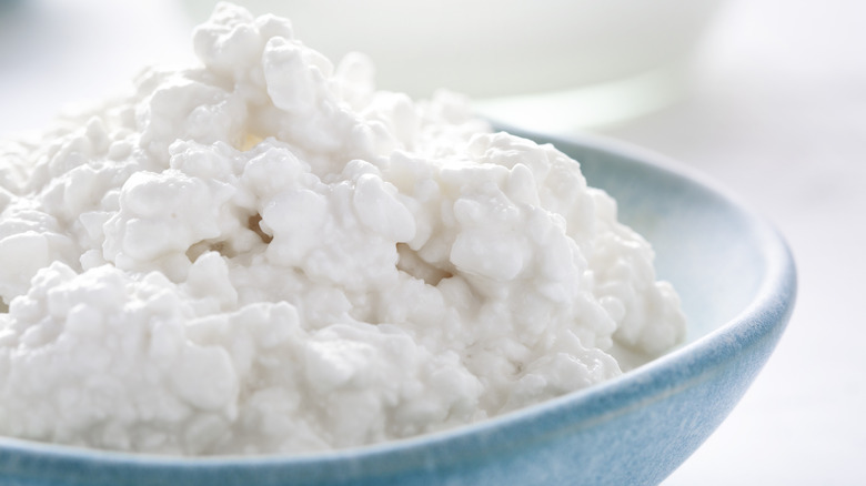 Cottage cheese in blue bowl