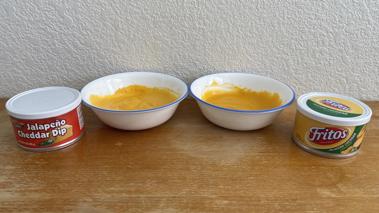 Bowls of Home Style dip and Fritos dip beside their containers