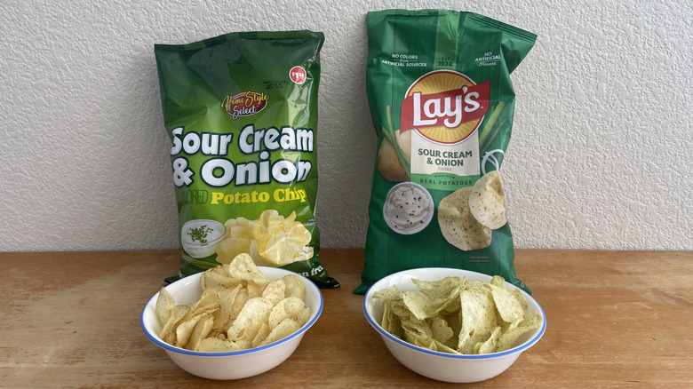 Bowls of Home Style chips and Lay's chips in front of their bags