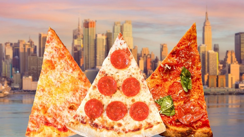 Pizza in front of the New York City skyline