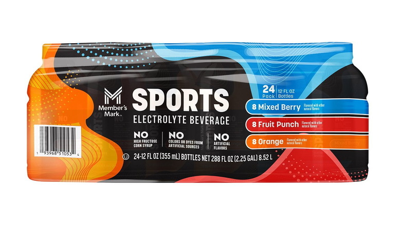 A black, red, blue, and orange package of Member's Mark sports drinks on a white background.