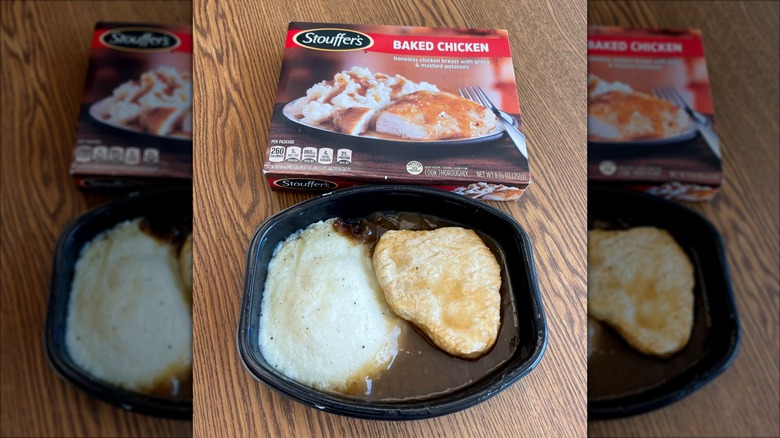A package of Stouffer's Baked chicken and the contents heated up