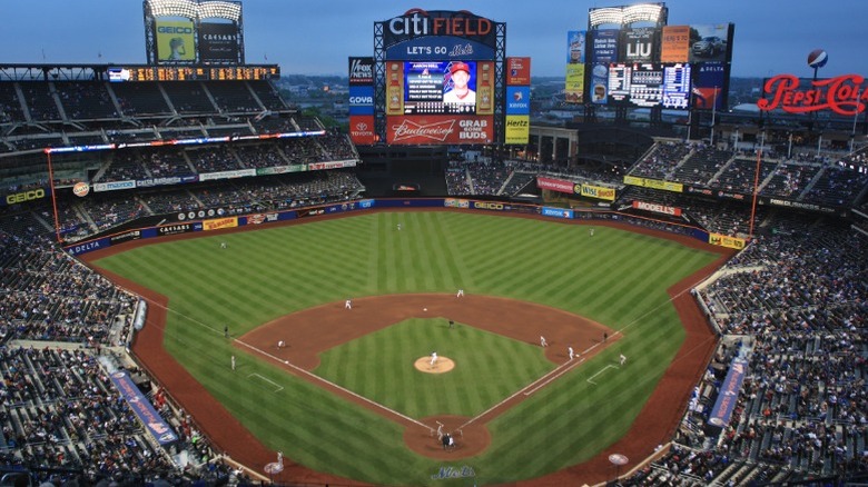An overhead view of Citi Field at night.
