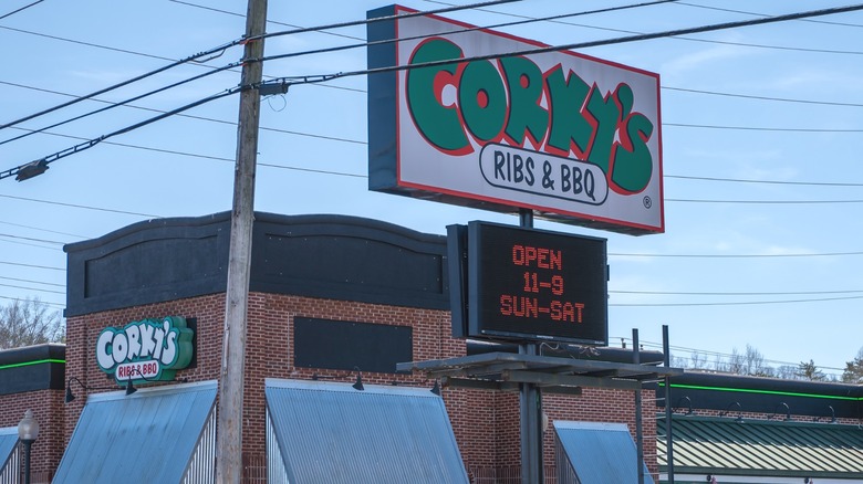 Sign advertising Corky's Ribs & BBQ outside the restaurant.