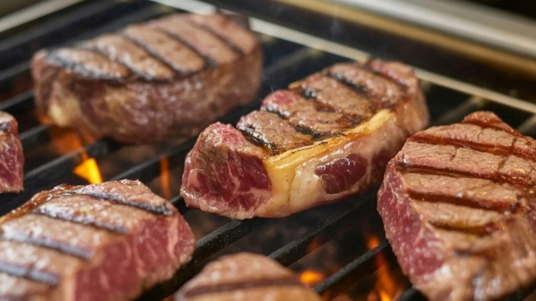 New York strip steaks with grill marks on grill