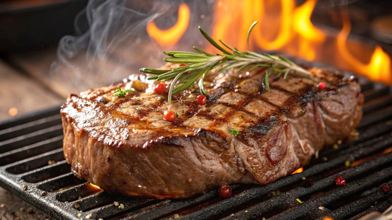 Ribeye steak on flaming grill with herbs and peppercorns