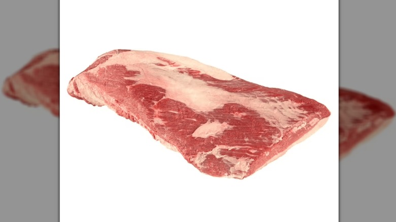 A raw whole brisket with a thin layer of fat on top of most of it.